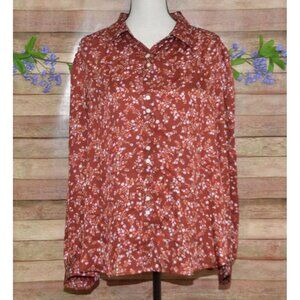 Ann Taylor Ladies Floral Rust Color Button Up Blouse Top Size XL Career Casual